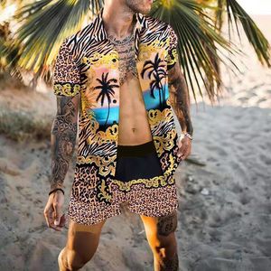 Erkekler Hawaiian Setleri Trailtsuits Beach Summer Kısa Kollu Yaka Yaka Gömlek Tahta Şortları 2 Parça Sokak Giyim Pamuk Polyester Erkekler Set Gündelik Tasarımcı Trailsuit Set