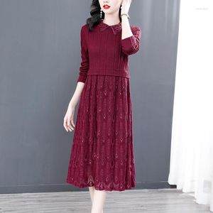 Sıradan Elbiseler 2023 Moda Düz Renk Örme Elbise Kadınlar Sonbahar ve Kış Vintage Uzun Kollu Gevşek Tatil Vestidos