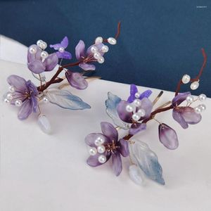 Hair Clips Retro Hairpins Purple Flower Chinese Hanfu Accessories For Women Fairy Pearl Forks Vintage Wedding Jewelry