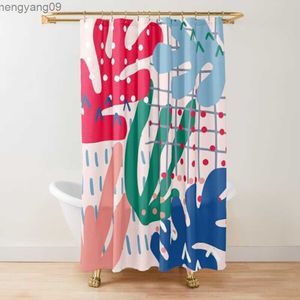 シャワーカーテンアブストラクトマティスフラワーアートシャワーカーテンモダンな幾何学シンプルな美的パステルボーホートレンディバスルームカーテン装飾フックR230821