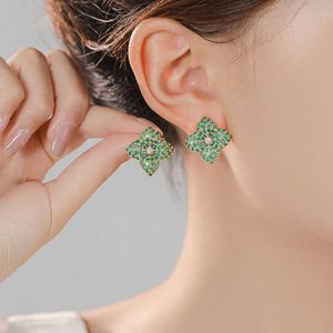 New green diamond inlaid zircon flower earrings light luxury fashionable and high-end sense earrings feminine and noble earrings