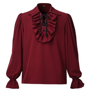 Men Pirate Shirt Vampire Theme Costume Prince Poet Shirts Medieval Buccaneer Frills Lace Up Renaissance Vintage Gothic Viking Blouse Tops