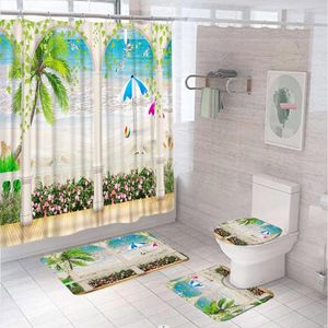 Shower Curtains Ocean Beach Starfish Curtain Set Arch Green Vine Flower Bathroom Non-Slip Bath Mat Pedestal Rug Lid Toilet Cover