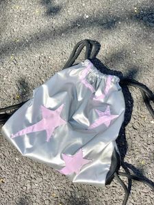 Rucksack Y2K Sweet Cool Pink Star Rucksäcke 2023 Casual All-Match-Studententasche für Frauen American Fashion Ruched Draw String Bookbag