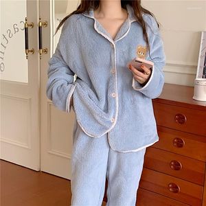 Women's Sleepwear Bear Ins Solid Korean Winter Wear Out Home Kawaii Pajamas Set Women Elegant Casual Fuzzy Thicken Coral Velvet Sweet Simple