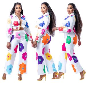 Floral Print Two Piece Set Outfits Women Casual Shirt and Pants Sets Easy Suits Free Ship