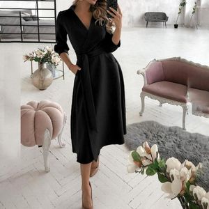 Casual Dresses Womens Elegant Party Three-Quarter Sleeve Solid Floral Croped Deep V Neck Pets Up Belted Wrap Long aftonklänning