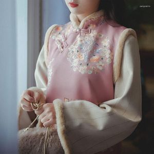 Ethnic Clothing Modern Cheongsam Qipao Dress Printing Sleeveless Vest Women's Winter 2023 Chinese Style Girl Gentle Retro Skirt Coat