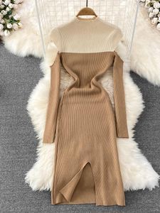 Casual Dresses Autumn Women Knitting Slim Sexy O-neck High Stretch Long-sleeved Vent Design Sweater Mid-calf Pencil Dress