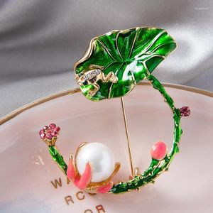 Brooches Rhinestones Set Lotus Frog Brooch Enamel Drop Glaze Corsage Pearl Pins Fashion Clothing Accessories For Women
