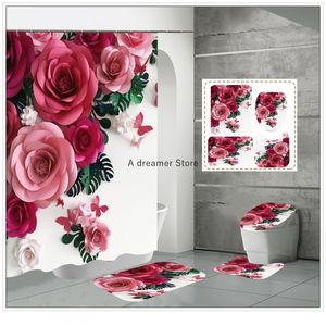 Duş Perdeleri Sevgililer Günü Kırmızı Gül Çiçek Duş Perdesi Su Geçirmez Polyester Peyzaj Perdeleri Banyo Duş Perdesi ve Halı Setleri 230820