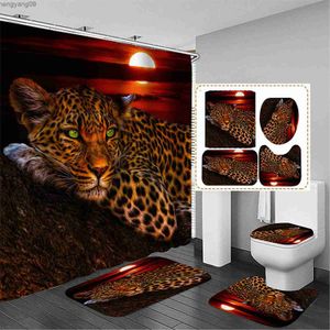 Duschgardiner svarta tiger djur tryckt dusch gardin set badrum badskärm anti-halk toalettlock lock mattor mattor kök heminredning R230821