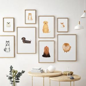 Cartoon Welpe Canvas Malerei Corgi Dackeshund süßes Plakat und Druck Wandkunst Nordic Decorative Bild Kinderzimmer Kindergarten Dekor kein Rahmen wo6