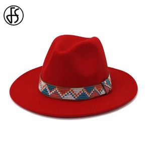 FS 2020 Wool Jazz Fedora Hats Casual Men Kvinnor med ett brett randband Band Filt Trilby Cap White Pink Yellow Panama Hat2602