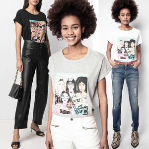 Zadig Voltaire 23SS Designer T Shirt ZV Women's T-shirts Fem person Bildtrycksrulle Sleeve Kort ärm T-shirt för kvinnor