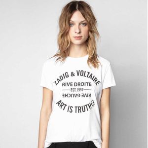 Zadig Voltaire 23ss Designer Camiseta Algodão ZV Mulheres Camisetas Carta Clássica Impressa Puro Algodão Dividido Mulheres Puro Algodão Manga Curta T-shirt