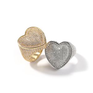 Hip Hop Men Rapper Ring Big Heart Shaped Ring Full asfalterad White Baguette Cz Iced Out Bling Square Cubic 3A Zircon Fashion Lover Jewelry Women 1768