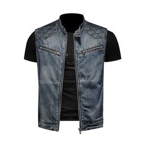 Herrjackor 2023 Nya herrarnas motorcykelcyklist denim Vest Vintage Blue Zippers fickor ärmlösa jackor punk cowboy mode wasitcoat väst J230821