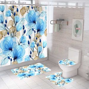 Shower Curtains Purple Floral Shower Curtain Set Ink Painting Flower Bathroom Curtain Modern Bath Toilet Cover Mat Non-Slip Washroom Rug Set R230821