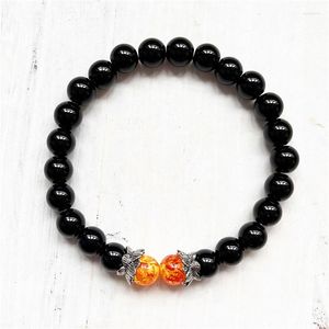 Strand Black Lava Stone Lotus Charm Natural Round Beads Bracelet For Men Women Elastic Bracelets Hand Made Adjustable Jewelry