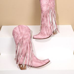 Botas ochanmeb tamanho grande 45 mulheres retro étnicas Western Cowboy Boots Block Heels Medium Tassel Fringe Kneehigh Boots Lady Winter Shoes 230818