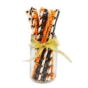 100pcs Halloween Paper Straws Pumpkin Bat Pattern Straws Black Orange Disposable Paper Drinking Straws for Halloween Party Holiday Supplies