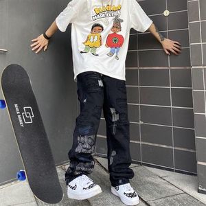 Jeans masculinos 2021 High Street Ripped Homens e Mulheres Longe da perna reta Hip Hop Skateboard Waist Y2K279Z