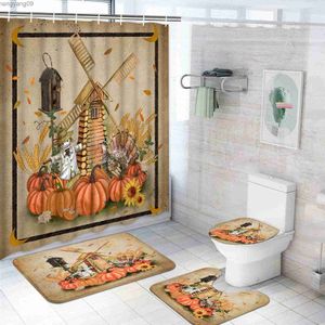 Duschvorhänge Duschvorhang Set Thanksgiving Kürbisse Fall Blätter November Saison mit nicht rutschten Teppichen Toilettendeckel Badewatte Badezimmer Set R230821