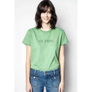 Zadig Voltaire 23SS Designer T Shirt Letter ZV Casual Women T-shirts Zielona litera olimpowa drukowana za okrągła szyja Bawełniana koszulka z krótkim rękawem