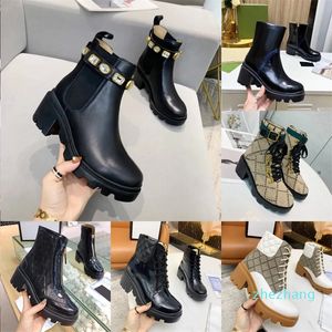 2023-Designer Boots Lace-Up Ankle Booties Women Belt Quilted Shoe Leather Classic Embossed Buckle Chunky Heel Shoes