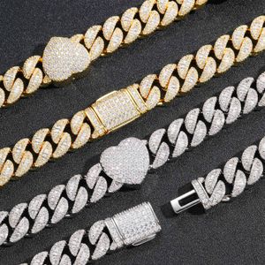 15mm Hip Hop Heart Shape Cuban Link Chain Necklace Bracelet Jewelry Set Bling Full Zircon 18k Real Gold Plated