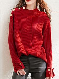 Kadın Sweaters Bobokateer Mock Boyun Kadınlar Omuz Altın Düğmeli Knaklı Kükürt Truen Dames Kırmızı Gevşek Tasarruf Tesli Femme