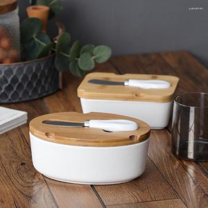 Plates Nordic Style Butter Knife Ceramic Dish Western Cheese Box With Bamboo Lid Household Square Set