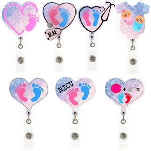 10 Pcs/Lot Fashion Key Rings Medical Office Supply NICU Baby Nurse Heart Shape Stethoscope Acrylic Badge Holder Baby Feet RN Badge Reel For Nurses Accessories