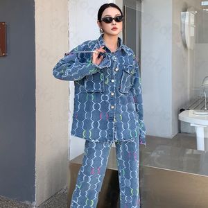 女性クールな刺繍デニムジャケットパンツファッションデザイナーボタンコートハイウエストルーズジーンズ服アウトドアスウェットシャツズボンセット