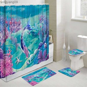 Zasłony prysznicowe syrena zasłony prysznicowa z nie poślizgiem dywaników toaletowa pokrywka pokrywka kąpiel Kids Ocean Coral Starfish łazienka zasłony prysznicowe Zestaw R230821