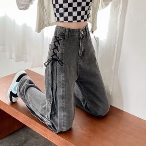 Women's Jeans Gothic High Waist Jean Chic Side Lace Up Wide Leg Denim Pants Female Harajuku Y2K Fashion Streetwear Straight Trousers 230821
