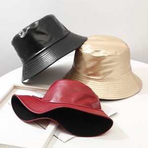 Breda breim hattar hink faux läder hatt kvinnor reversibel pu och bomullsolmode hösten vattentät fiskare 230821