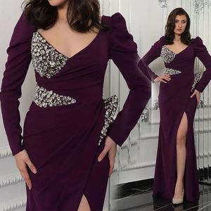 Prom Party Gown Red Evening Dresses Girl Formal Mermaid V-Neck Long Sleeve Crystal Beaded Chiffon Zipper Split Front/Side New Custom Plus Size Floor-Length