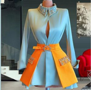 Sky Blue Short Prom Homecoming Dresses Long Sleeve High Neck Beaded Crystal Keyhole Mini Evening Birthday Gown