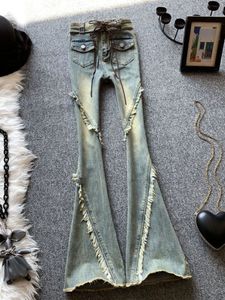 Женские джинсы мода карманы карманы Raw Edge Старая микропластная женщина High Street Retro Sleim Sexy Taist