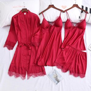 Women's Sleepwear 5 Colors Women Lace Satin Pajamas Set For Kimono Bridesmaid Wedding Robe 4 Pieces Sexy Silk Pyjamas Pijama Nightwear