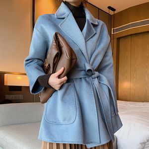 Womens Wool Blends Water Wave Pattern Cashmere Coat Short European Station Loose Suit Collar Lace up Double Faced Pure 230818