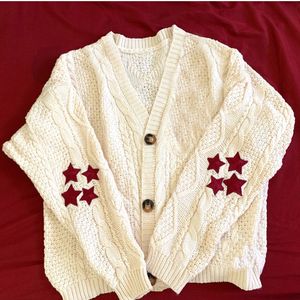 Malhas femininas tees s-2xl feminino casual Tay Red Star bege lor Loose bordado Cardigan Warm swif t botão de manga longa Cardigans de suéter 230818
