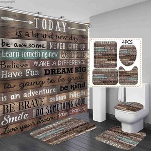 Shower Curtains Inspirational Quotes Shower Curtain Set Rug Toilet Lid Cover Bath Mat Vintage Rustic Bathroom Decor Set Waterproof Wooden Poster R230821