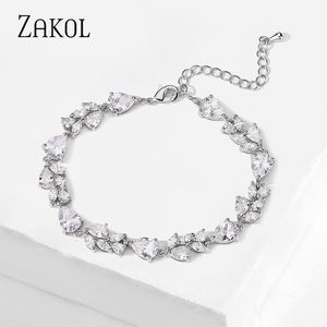 Bracelets de charme Zakol brilhante AAA Cubic Zirconia Water Drop for Women Luxury Bridal Wedding Jewelry 230821