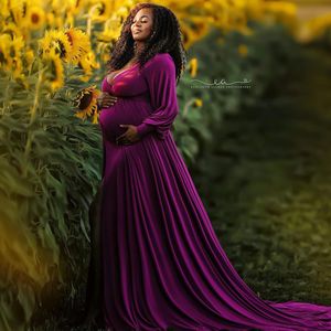 Purple Solid Maternity Photoshoot Dress med sidoslits Långa ärmar Prom Dresses Elegant V Neck Baby Shower Maxi -klänning