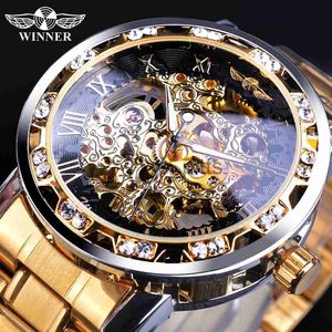 Other wearable devices Winner Golden Watches Classic Rhinestone Clock Roman Analog Male Skeleton Clocks Mechanical Stainless Steel Band Luminous Watch x0821