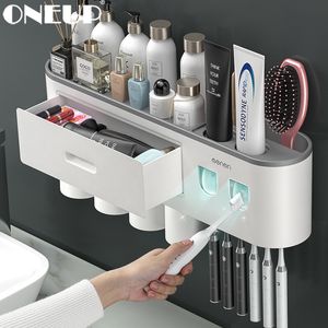 Toothbrush Holders ONEUP Wall Toothbrush Holder With Magnetic Cup Toothbrush Stand Toothpaste Squeezer Storage Organizer Bathroom Accessories Set 230820