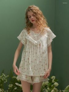 Женская одежда для сна Винтаж принцесса цветочный печатный с короткими рукавами кружевные пижамы для женщин Летни